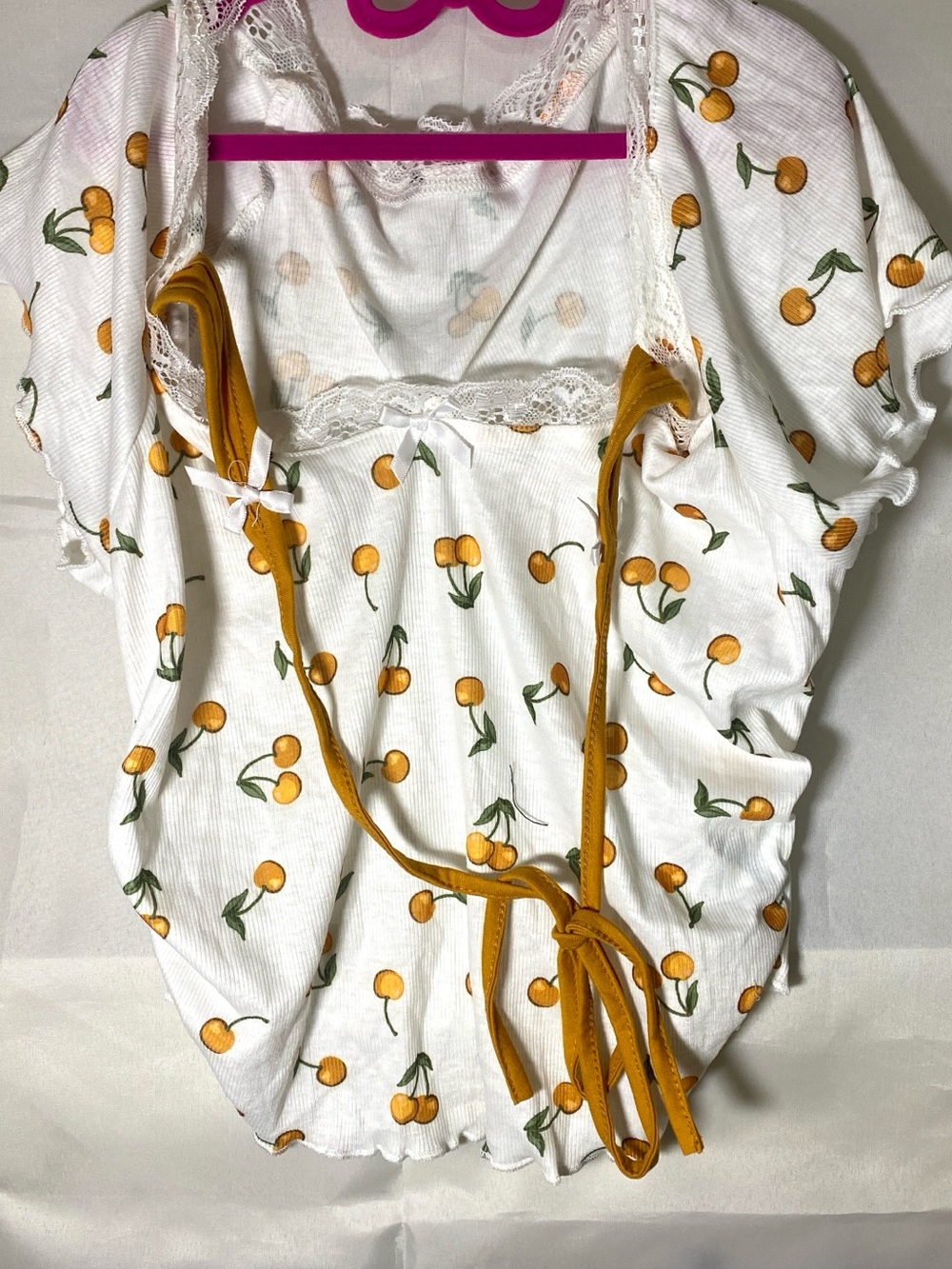Sweet Yellow Cherry Pattern Lace-Trim Blouse with Self-Tie Straps